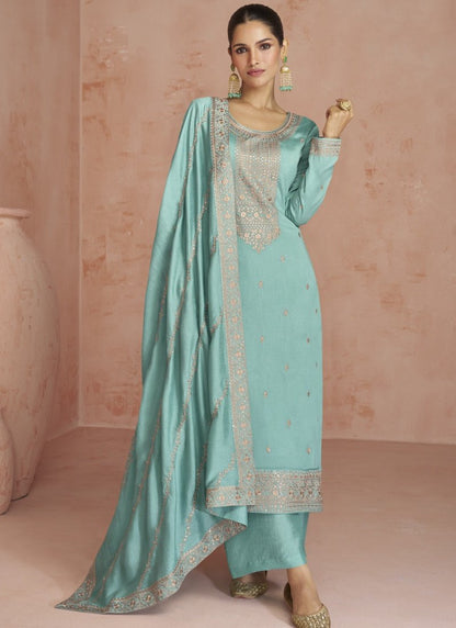 Sea Green Silk Embroidered Palazzo Suit