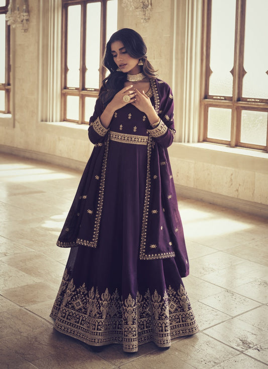 Purple Silk Embroidered Long Anarkali Suit