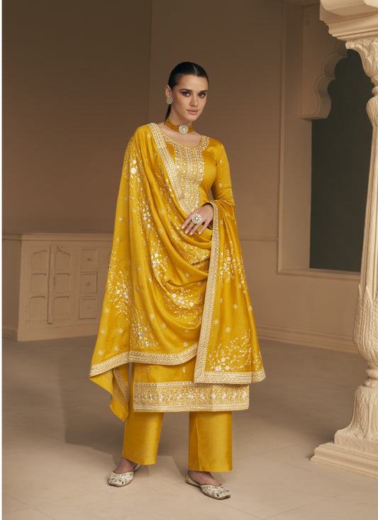 Yellow Silk Embroidered Palazzo Suit