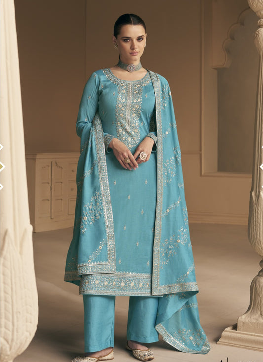 Aqua Blue Silk Embroidered Palazzo Suit