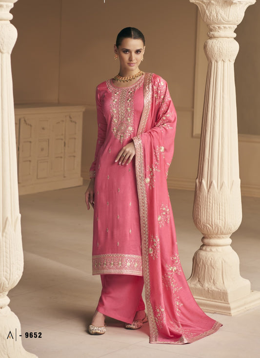Peach Silk Embroidered Palazzo Suit