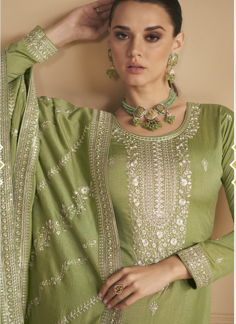 Pista Green Silk Embroidered Palazzo Suit-2