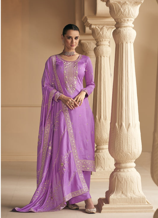 Lavender Silk Embroidered Palazzo Suit
