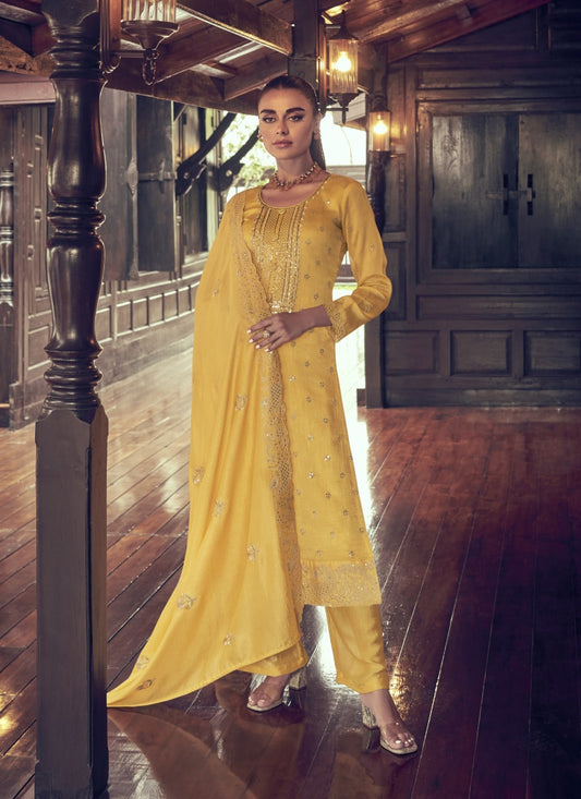 Yellow Silk Embroidered Palazzo Suit
