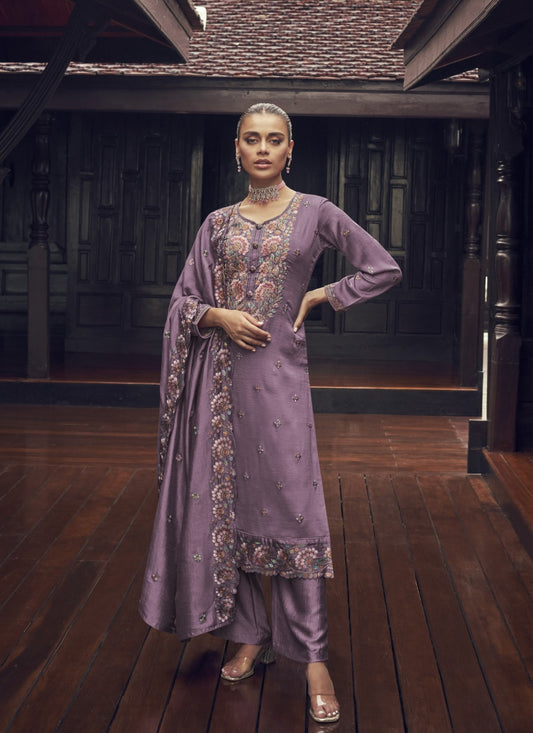 Light Purple Silk Embroidered Palazzo Suit
