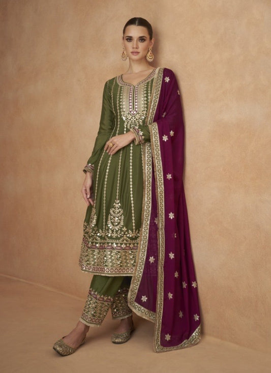 Olive Green Pant Style Salwar Suit With Embroidery Work