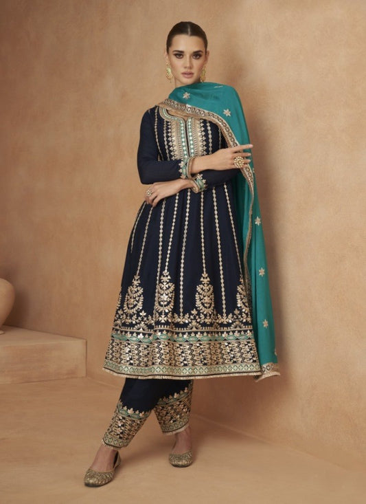 Blue Pant Style Salwar Suit With Embroidery Work