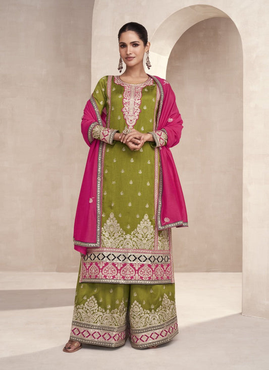 Olive Green Wide Palazzo Straight Cut Salwar Suit