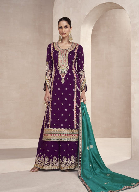 Purple Wide Palazzo Straight Cut Salwar Suit
