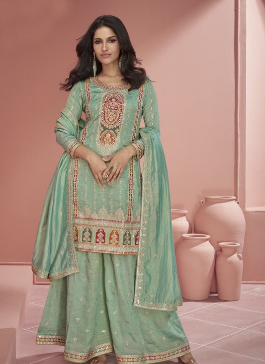 Pista Green Organza Wide Palazzo Salwar Suit With Embroidery Work