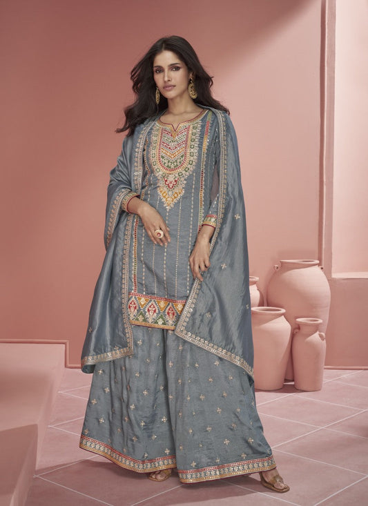 Gray Organza Wide Palazzo Salwar Suit With Embroidery Work