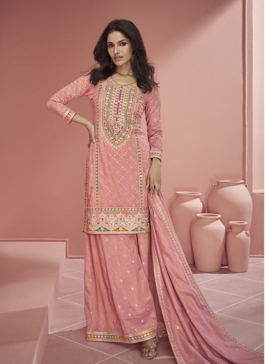 Peach Organza Wide Palazzo Salwar Suit With Embroidery Work