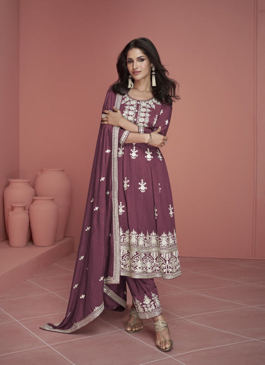 Maroon Silk Palazzo Salwar Suit With Embroidery Work
