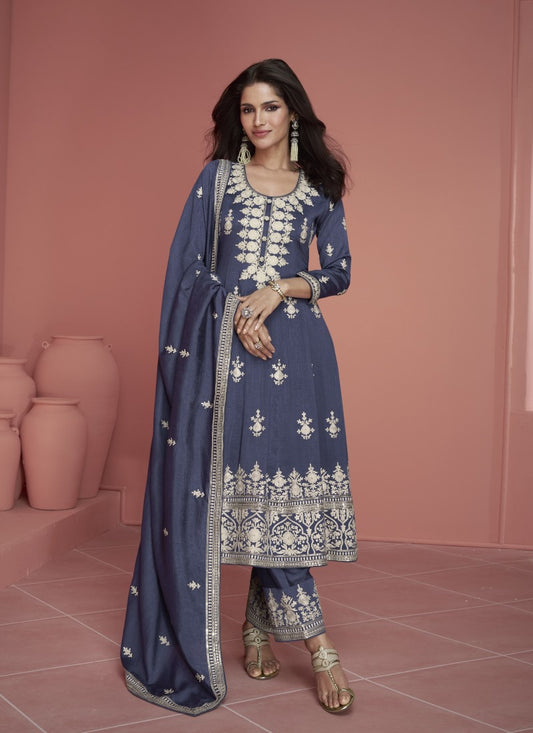 Blue Silk Palazzo Salwar Suit With Embroidery Work