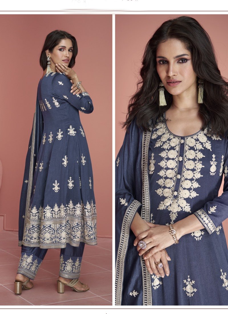 Blue Silk Palazzo Salwar Suit With Embroidery Work-2