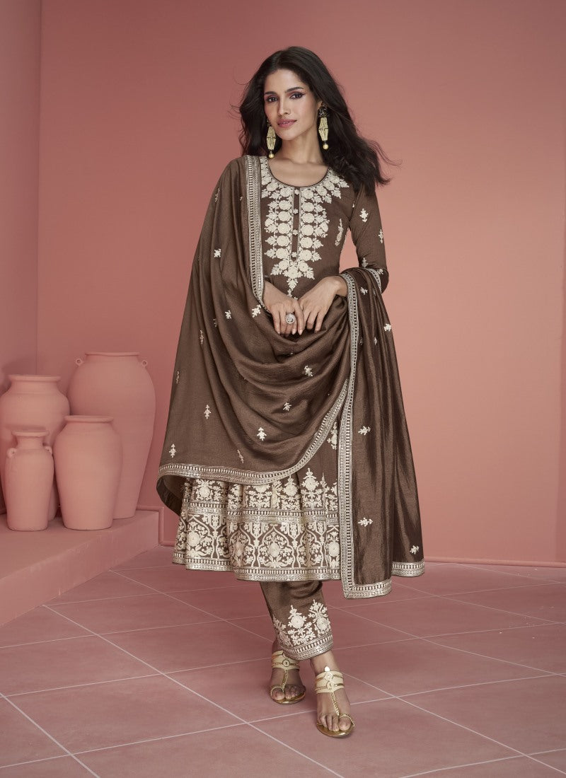 Brown Silk Palazzo Salwar Suit With Embroidery Work