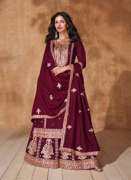 Maroon Silk Wide Palazzo Salwar Suit With Embroidery Work