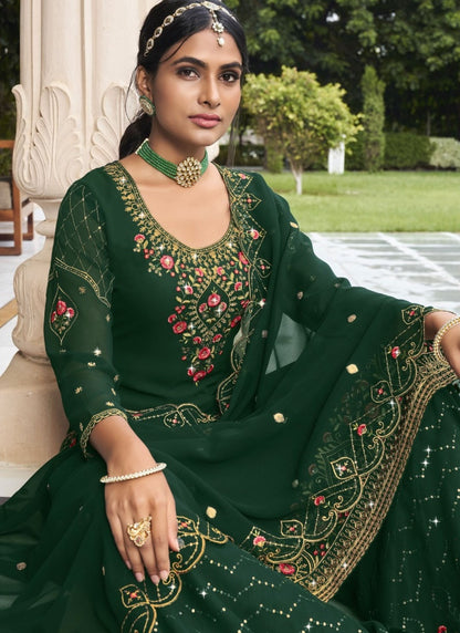 Green Georgette Sharara Suit With Embroidery Work