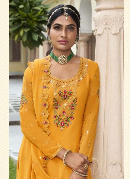 Yellow Georgette Sharara Suit With Embroidery Work