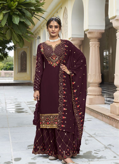 Purple Georgette Sharara Suit With Embroidery Work