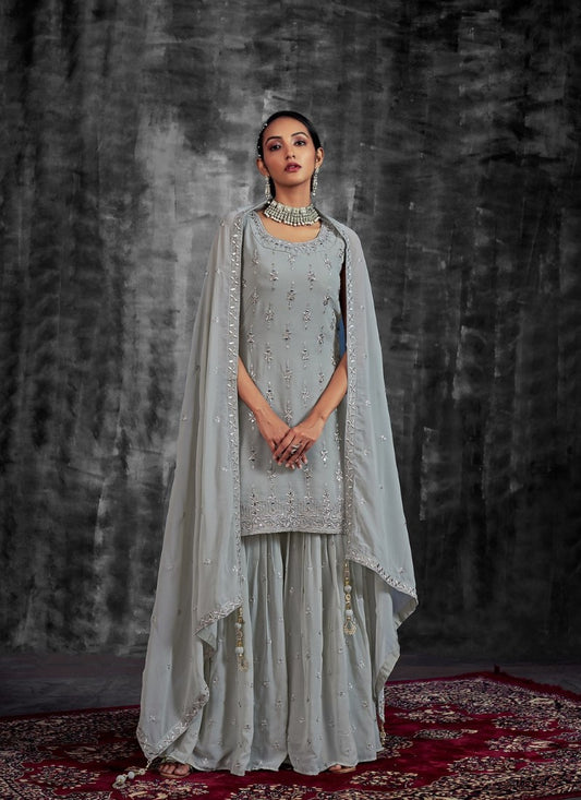 Light Gray Georgette Sharara Suit with Mirror, Zari and Thread Work