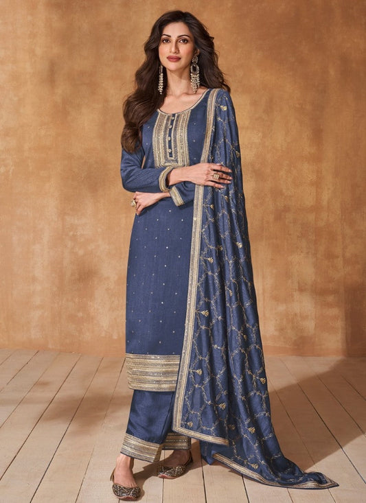 Blue Silk Straight Cut Salwar Suit