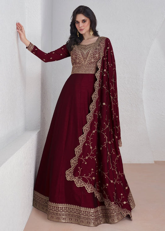 Maroon Silk Anarkali Dress With Embroidery Work