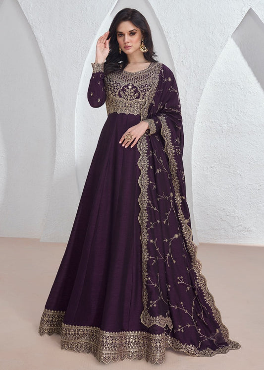 Purple Silk Anarkali Dress With Embroidery Work