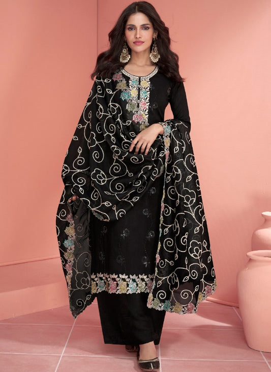 Black Silk Straight Cut Salwar Suit With Embroidery Work