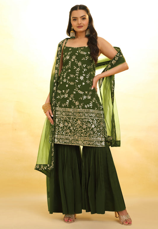 Green Georgette Sharara Suit With Thread and Embroidery Work