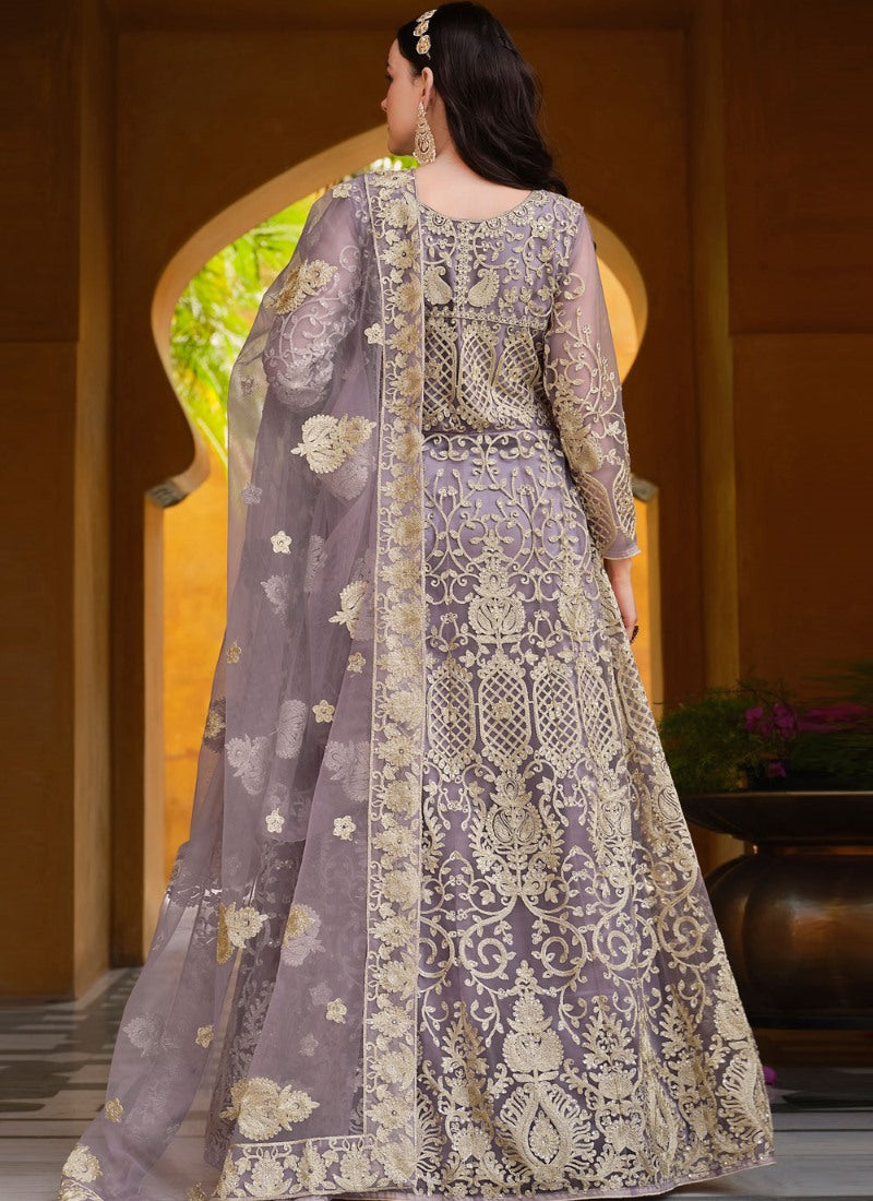 Light Purple Net Long Anarkali Suit With Embroidery Work