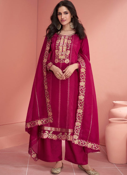 Red Silk Straight Cut Salwar Suit With Embroidery Work