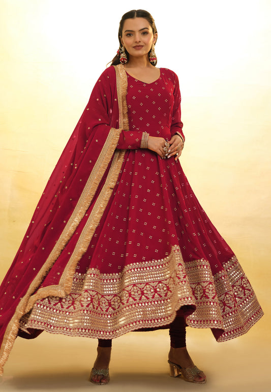 Red Georgette Anarkali Suit With Thread and Embroidery Work