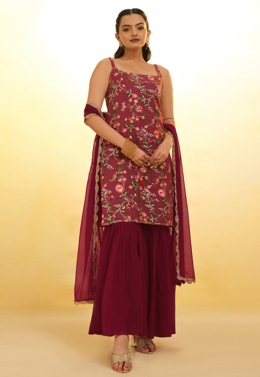 Red Georgette Sharara Suit With Thread and Embroidery Work