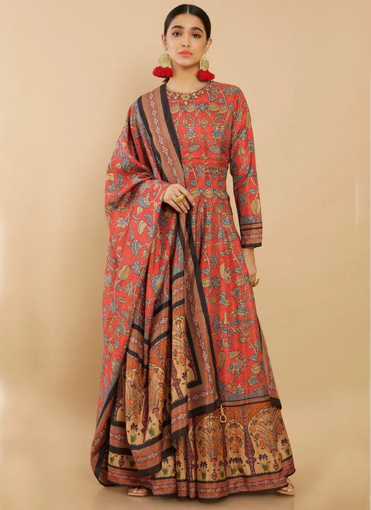 Red Silk Printed Flared Long Anarkali Gown