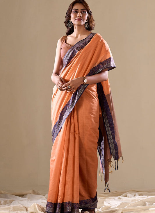 Orange Handloom Cotton Saree With Contrast Border