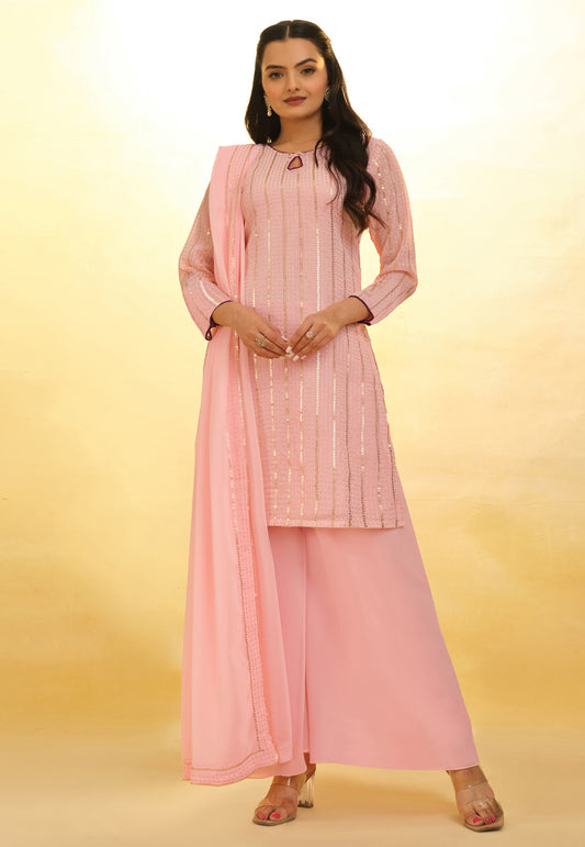 Pink Georgette Palazzo Suit With Thread and Embroidery Work