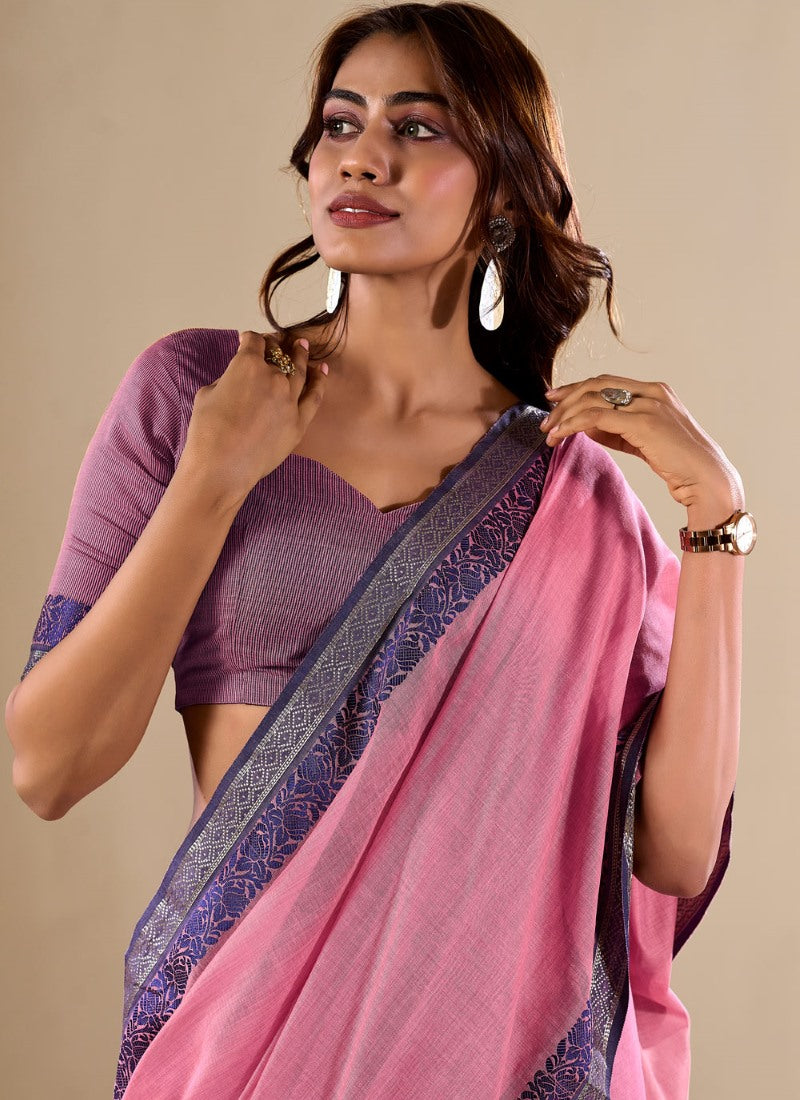 Pink Handloom Cotton Saree With Contrast Border