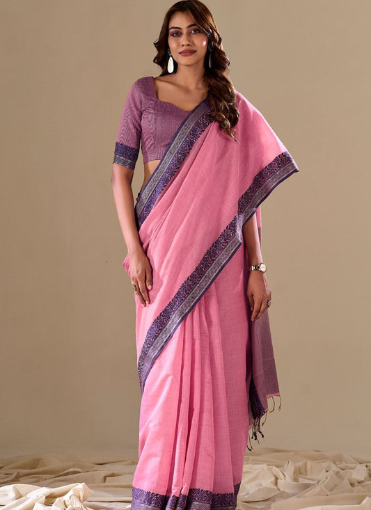Pink Handloom Cotton Saree With Contrast Border
