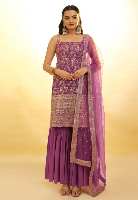Purple Georgette Sharara Suit With Thread and Embroidery Work