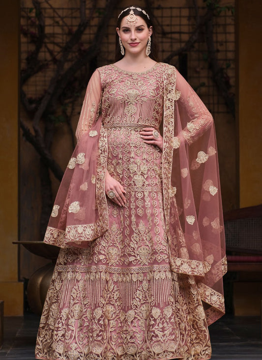 Peach Net Long Anarkali Suit With Embroidery Work