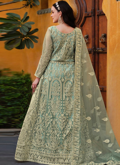 Pista Green Net Long Anarkali Suit With Embroidery Work