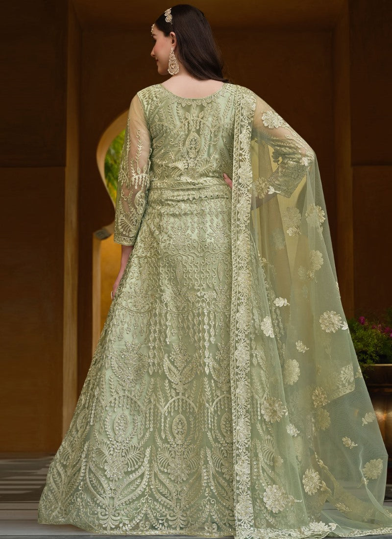 Pista Green Net Long Anarkali Suit With Embroidery Work