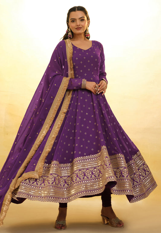 Purple Georgette Anarkali Suit With Thread and Embroidery Work