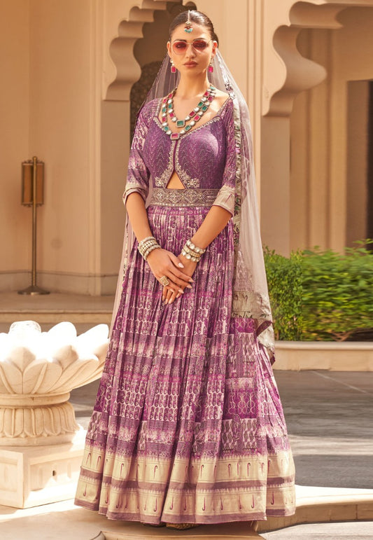 Purple Silk Bridal Indo Western Anarkali Gown With Patola Print