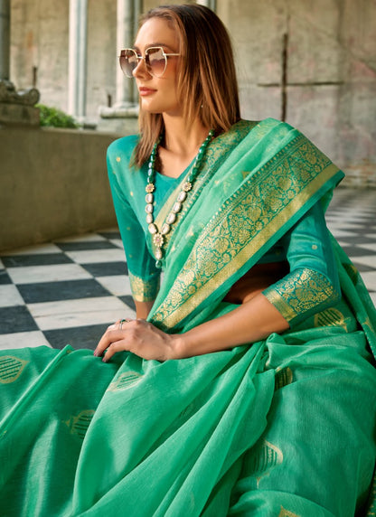 Sea Green Silk Saree With Weaving Work & Contrast Border