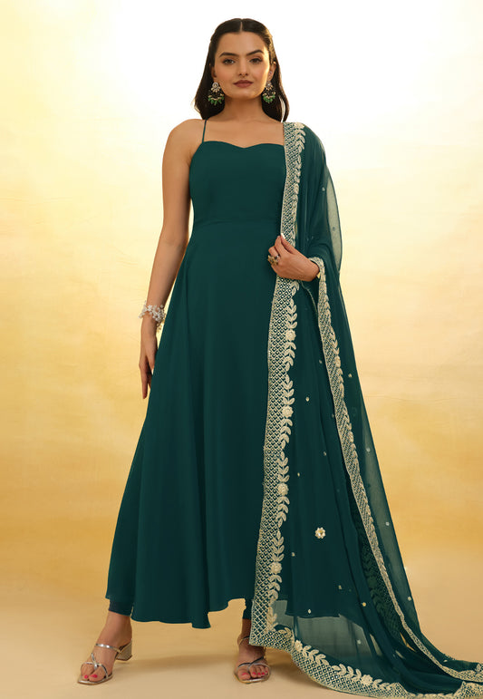 Green Georgette Anarkali Suit With Thread and Embroidery Work