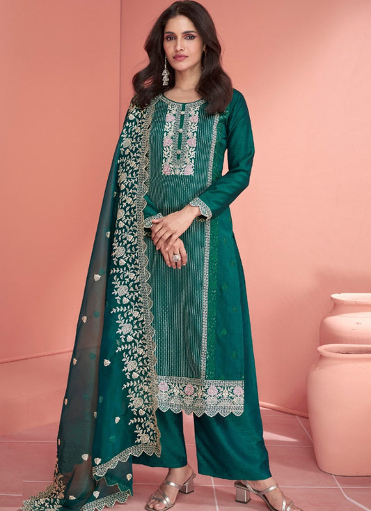 Green Silk Straight Cut Salwar Suit With Embroidery Work