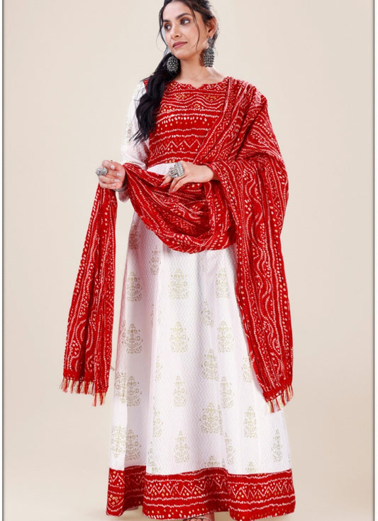 Red Reyon Bandhani Print Anarkali Suit