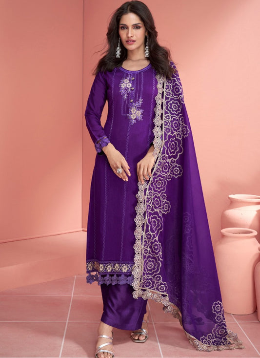 Violet Silk Straight Cut Salwar Suit With Embroidery Work